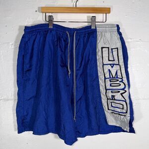 Vintage 90s Umbro Blue Soccer Shorts Nylon Logo Spellout Back Pocket Mens L